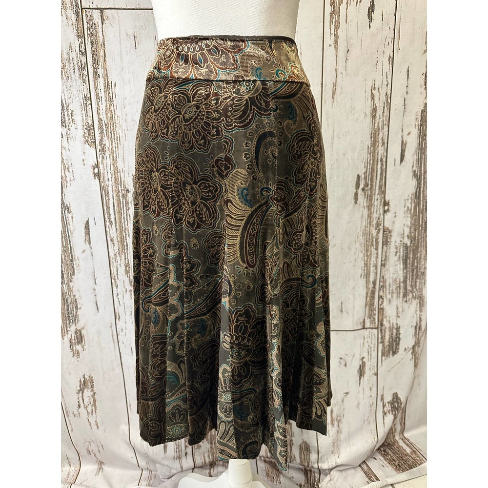 Loft Golden Brown Tone Pleated Velvet Feel Silk Blend Mid-length Skirt - Picture 3 of 4